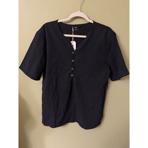 Ouku Mens Black Cotton Linen Blend Short Sleeve Henley Shirt Small NWT